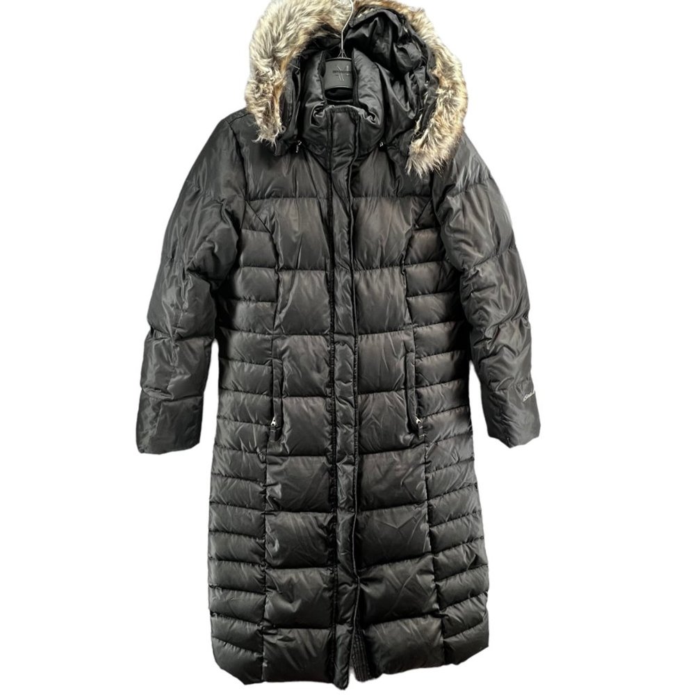 Eddie Bauer Quilted Hooded Faux Fur Lodge Down Duffle Puffer Coat Black Womens S - Picture 2 of 14